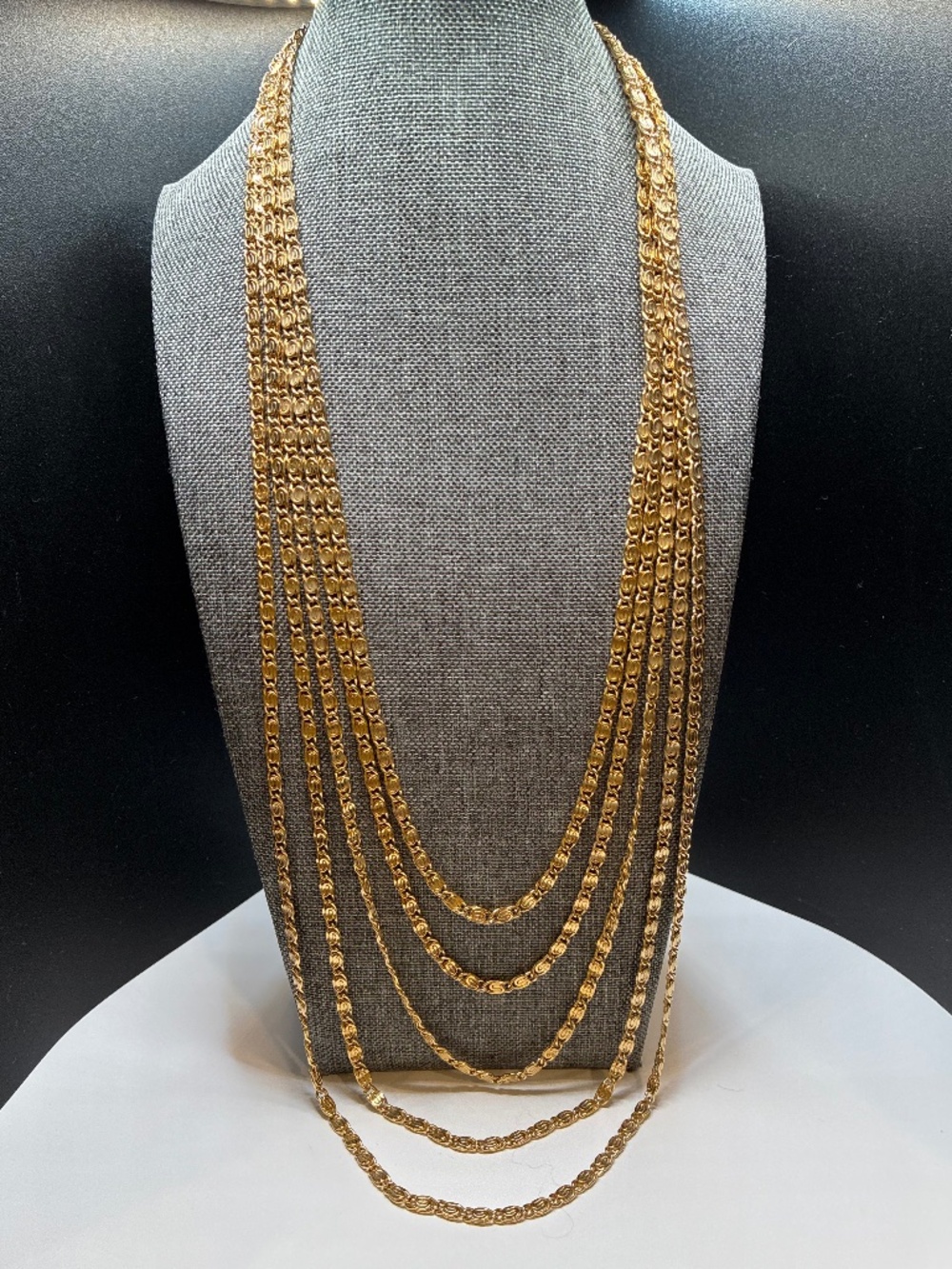 Vintage style, five strand, multi layer, gold tone chain necklace